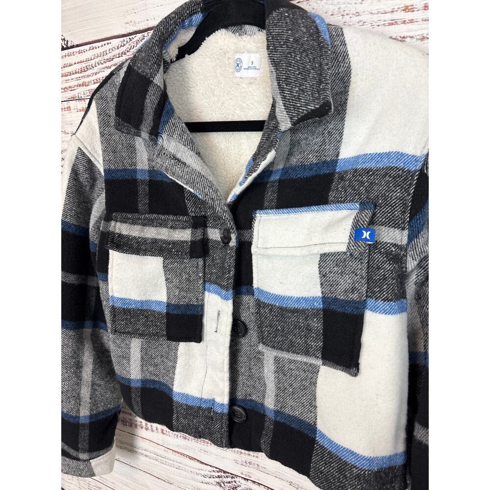 Womens Hurley Black & White Plaid Faux Fur Sherpa Lined Cropped Shacket Jacket S - Picture 2 of 6